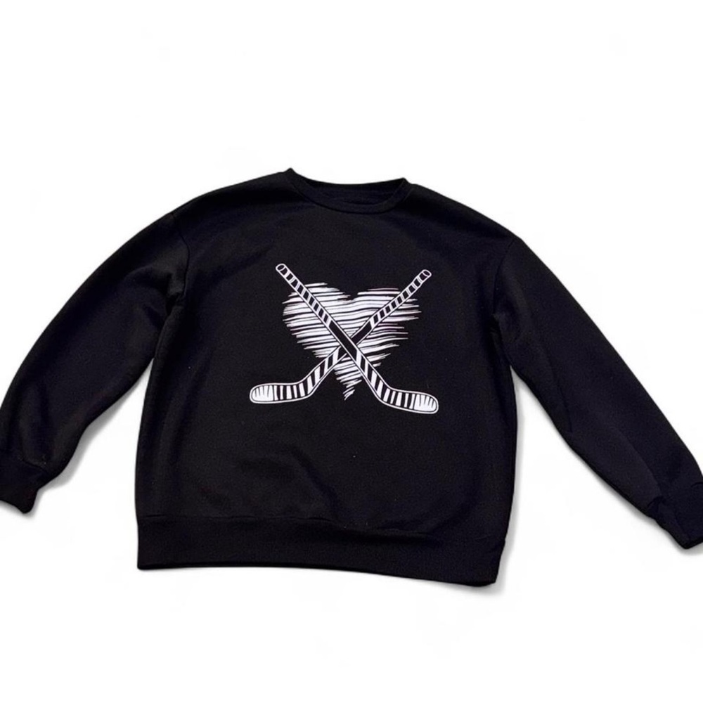 Men's Black Crewneck Sweater with Hockey Sticks Graphic
